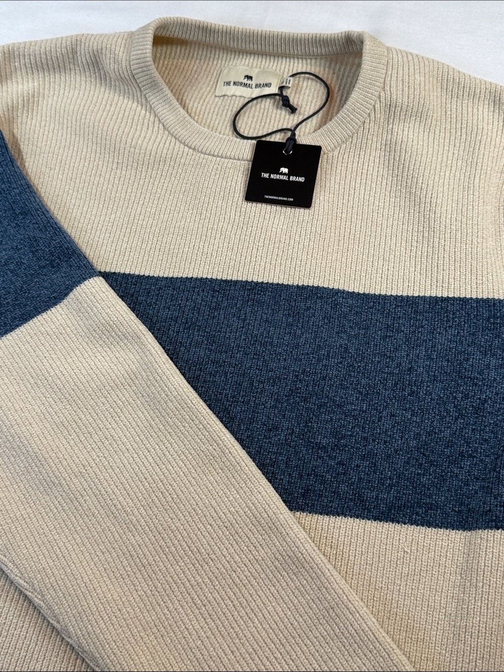 The Normal Brand Ribbed Colorblock Crewneck Sweater Cream Navy NWT XL